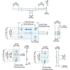 Slide Bolts; Type: Centered Strike Slide Bolt; Length (mm): 35.00; Width (mm): 32.00; Finish/Coating: Satin; Additional Information: 32 x 15 x 2 mm; Counter Plate Size: 32 x 18 x 6 mm; Weight: 32 g; Screw: 2.7 x 16; Overall Length: 47 mm; Minimum Order Qu