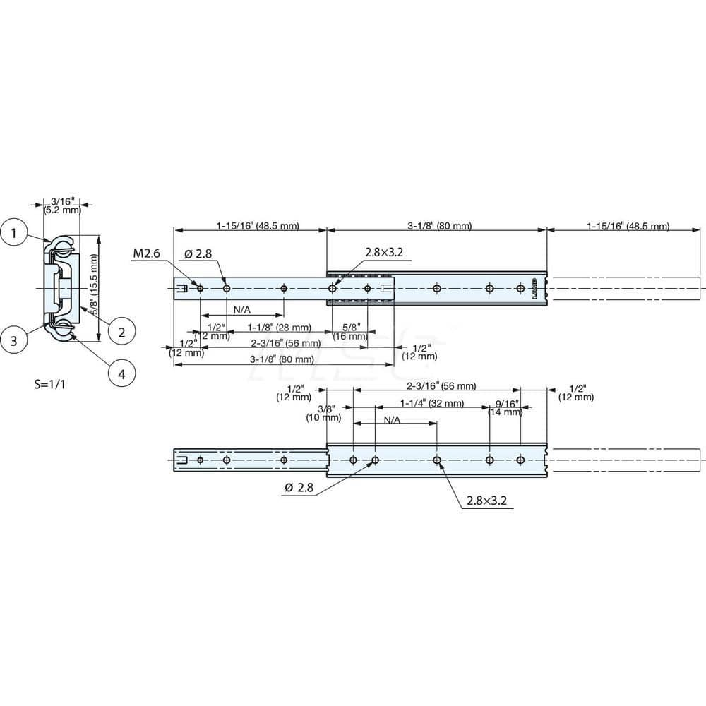 Drawer Slides; Type: 2-Way Mini Drawer Slide; Extension Style: 3/4; Slide Length: 80.00; Travel Length: 48.50; Load Capacity (Lb.): 30.800; Width (Inch): 3/16; Slide Length: 80.00; Material: Stainless Steel; Material Grade: 304; Material: Stainless Steel