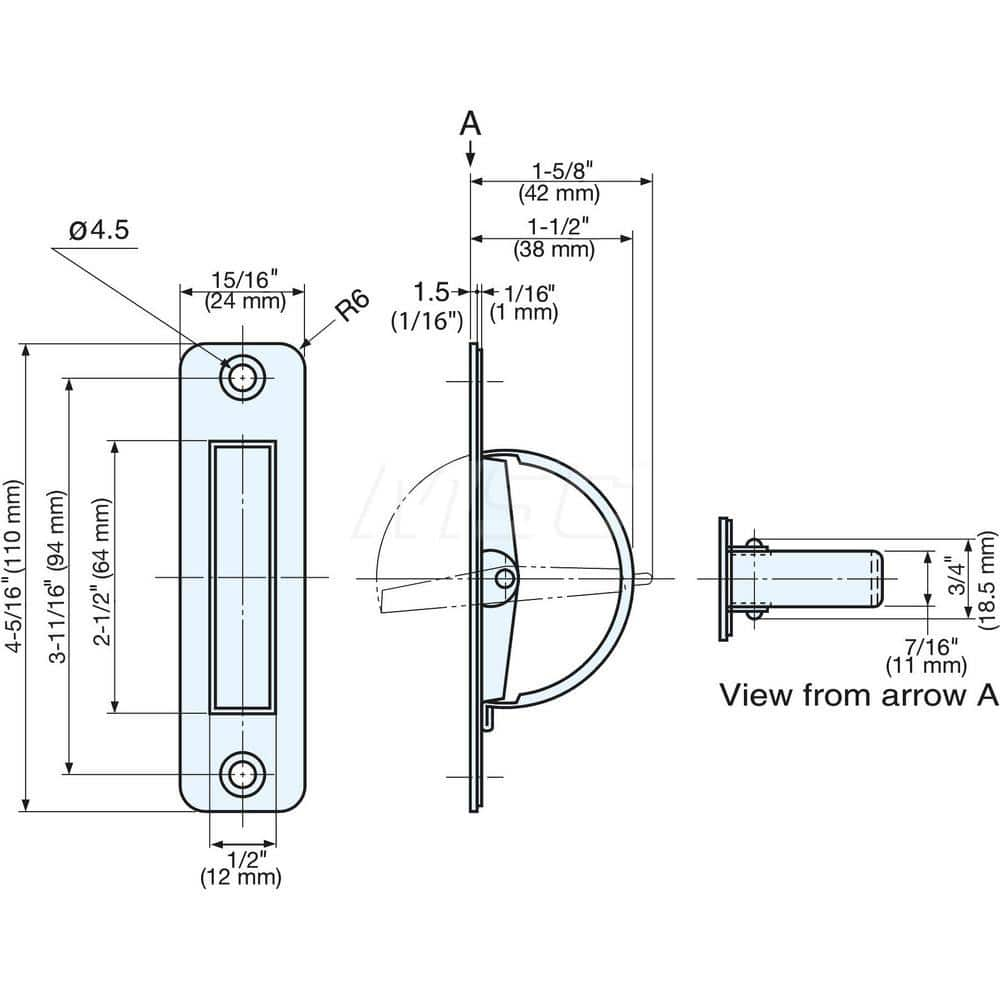 Recessed Pulls; Overall Width (Inch): 4-21/64; Overall Height (mm): 24.00000; Recess Width: 64.00; Recess Height: 12.00; Recess Depth: 1.00; Center to Center: 94.0000; Finish/Coating: Satin; Material: Stainless Steel; Material: Stainless Steel