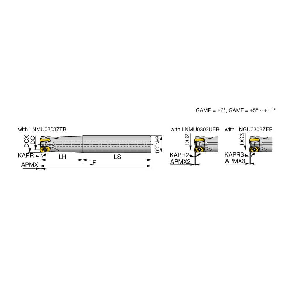 Indexable High-Feed End Mill: 1-1/2″ Cut Dia, 1-1/4″ Straight Shank Uses 6 LNMU Inserts, 0.039″ Max Depth, 6″ OAL, Through Coolant