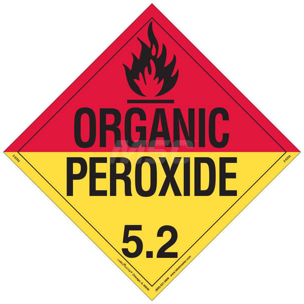 DOT Placards & Holders; Type: Placard; Legend: Organic Peroxide; Legend: Organic Peroxide; Material: Vinyl; Message or Graphic: Organic Peroxide; Legend Color: Red; Yellow; Material: Vinyl; Compliance Specifications: DOT 49 CFR 172.519; Placard Coating: U