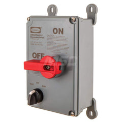 Cam & Disconnect Switches; Enclosure Type: Enclosed; Fused: NonFused; Horsepower: 1 @ 120 VAC; 3 @ 220-240VAC; 15 @ 480 VAC; 15 @ 600 V; 5 @ 480VAC; 7-1/2 @ 200-240VAC; Number of Phases: 3; Amperage: 30; Contact Form: 2NO; Voltage: 600 VAC