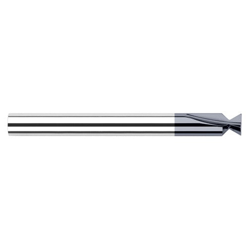 Dovetail Cutters - 0.0550″ Cutter Diameter × 0.0150″ (1/64″) Radius × 48° included Carbide Dovetail Cutter without Drop Hole Allowance, 2 Flutes, AlTiN Coated - Exact Industrial Supply