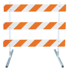 Traffic Barricades; Type: Type III; Barricade Height (Inch): 63; Material: Plastic Board; Polymer Plastic Upright; Galvanized High Carbon Steel Feet; Barricade Width (Inch): 72; Reflective: Yes; Compliance: MASH Compliant; MUTCD; Weight (Lb.): 19.0000; To