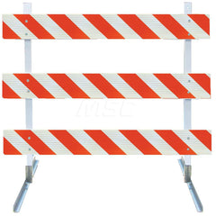 Traffic Barricades; Type: Type III; Barricade Height (Inch): 63; Material: Galvanized Steel Feet; Plastic Board; Polymer Plastic Upright; Barricade Width (Inch): 96; Reflective: Yes; Compliance: MASH Compliant; MUTCD; Weight (Lb.): 16.0000; Top Panel Heig