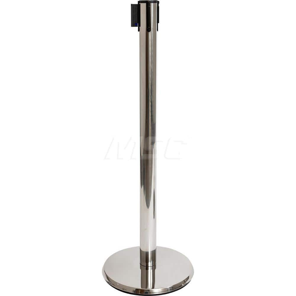 Free Standing Barrier Post: 40″ High, 2-1/2″ Dia, Steel Post Cast Iron with NoScuff & Stainless Steel Round & Standard Base, Polished Stainless Steel