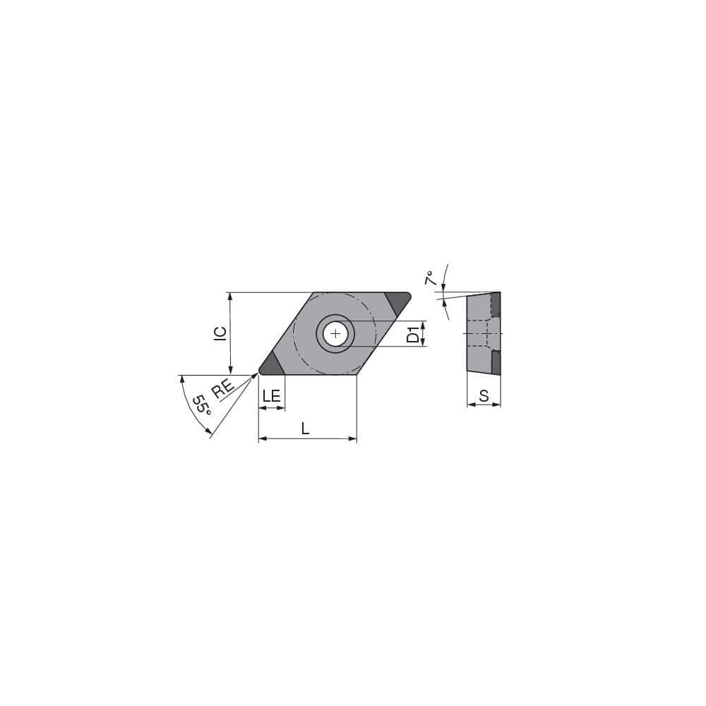 Turning Insert:  DCGW21.51FN_B4 CTBS10C,  Polycrystalline Cubic Boron Nitride Uncoated Finish,  Neutral,  1/4″ Inscribed Circle,  0.0157″ Corner Radius,  55.0 &deg N/A Diamond,  Series  DCGW