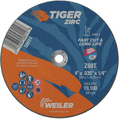 Weiler - 4 x 0.035, 1/4" Hole 60 Grit Zirconia Alumina Cutoff Wheel - Eagle Tool & Supply