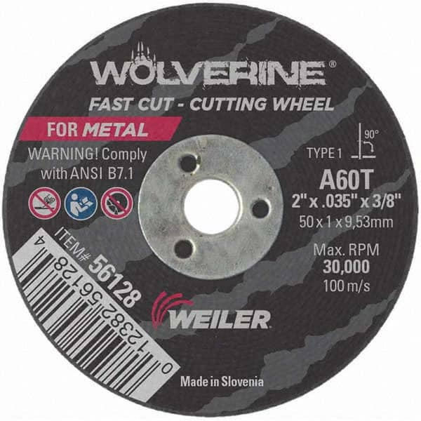 Weiler - 2 x 0.035, 3/8" Hole 60 Grit Aluminum Oxide Cutoff Wheel - Eagle Tool & Supply