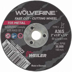 Weiler - 2 x 1/8, 1/4" Hole 36 Grit Aluminum Oxide Cutoff Wheel - Eagle Tool & Supply