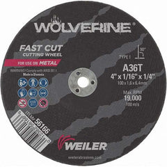 Weiler - 4 x 1/16, 1/4" Hole 36 Grit Aluminum Oxide Cutoff Wheel - Eagle Tool & Supply