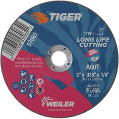 Weiler - 3 x 0.035, 1/4" Hole 60 Grit Aluminum Oxide Cutoff Wheel - Eagle Tool & Supply