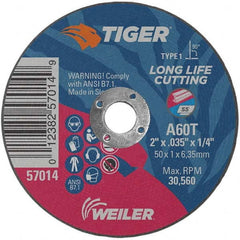 Weiler - 2 x 0.035, 1/4" Hole 60 Grit Aluminum Oxide Cutoff Wheel - Eagle Tool & Supply