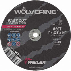 Weiler - 4 x 0.035, 1/4" Hole 60 Grit Aluminum Oxide Cutoff Wheel - Eagle Tool & Supply