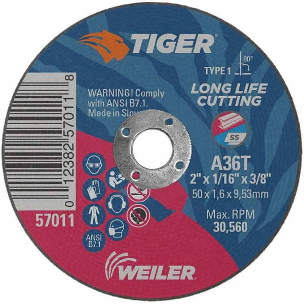 Weiler - 2 x 1/16, 3/8" Hole 36 Grit Aluminum Oxide Cutoff Wheel - Eagle Tool & Supply