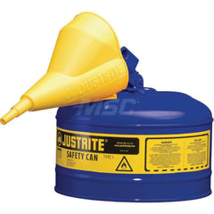 Justrite - Safety Dispensing Cans; Capacity: 2.5 Gal ; Material: Steel ; Color: Blue ; Height (Decimal Inch): 11.500000 ; Diameter/Length (mm): 11.75 ; Approval Listing/Regulations: FM Approved; UL; ULC; TUV - Exact Industrial Supply