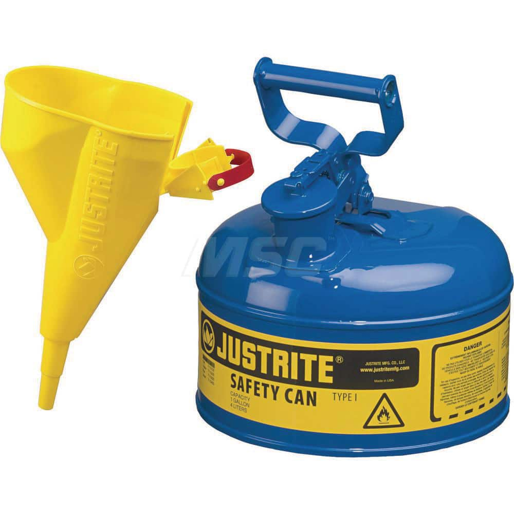 Justrite - Safety Dispensing Cans; Capacity: 1 Gal. ; Material: Steel ; Color: Blue ; Height (Decimal Inch): 11.000000 ; Diameter/Length (mm): 9.50 ; Approval Listing/Regulations: FM Approved; UL; ULC; TUV - Exact Industrial Supply