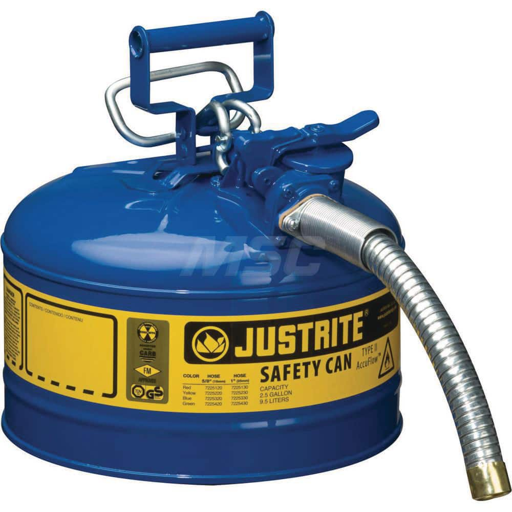 Justrite - Safety Dispensing Cans; Capacity: 2.5 Gal ; Material: Steel ; Color: Blue ; Height (Decimal Inch): 12.000000 ; Diameter/Length (mm): 11.75 ; Approval Listing/Regulations: FM Approved; UL; ULC; TUV - Exact Industrial Supply