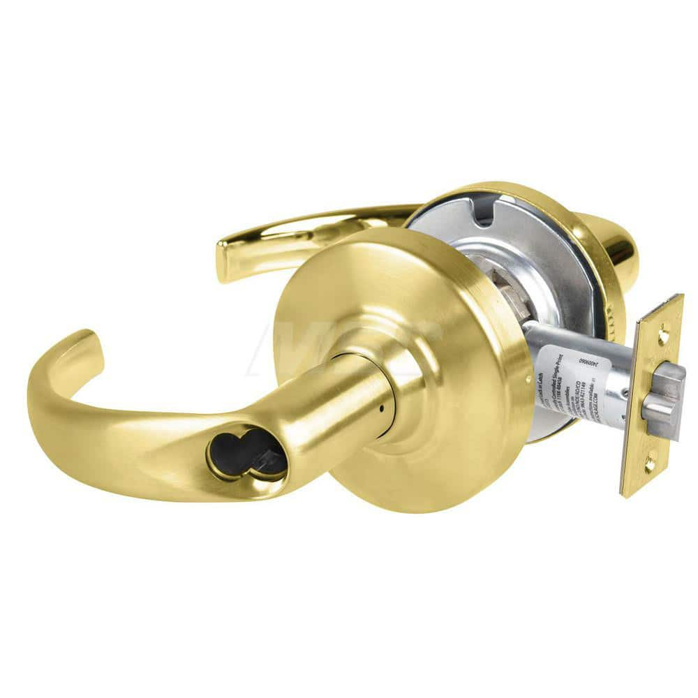 Lever Locksets; Type: Cylindrical Lock; Key Type: Keyless; Strike Type: Curved Lip Strike; Finish/Coating: Satin Brass; Material: Metal; Material: Metal; Door Thickness: 1.75 in; Backset: 2.75 in; Cylinder Type: No Keyway; Minimum Order Quantity: Metal; M