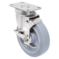 Top Plate Caster: Thermo Rubber, 5″ Wheel Dia, 1-1/4″ Wheel Width, 325 lb Capacity, 6-3/16″ OAH 3.625″ Plate Length, 2.38″ Plate Width, Wheel Lock