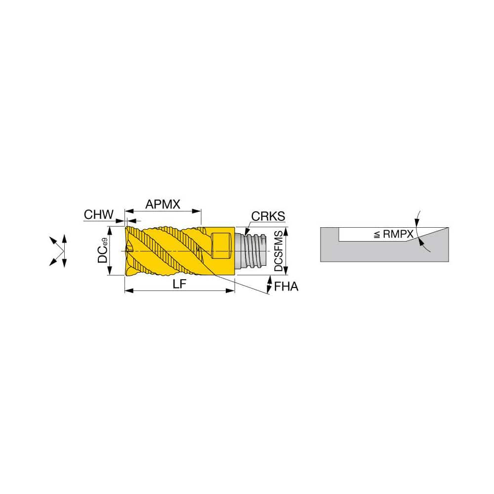 Corner Chamfer End Mill Head: 0.6299″ Dia, 45 °, 5 Flute S15, TiAlN Finish, Helical Flute, Series VED