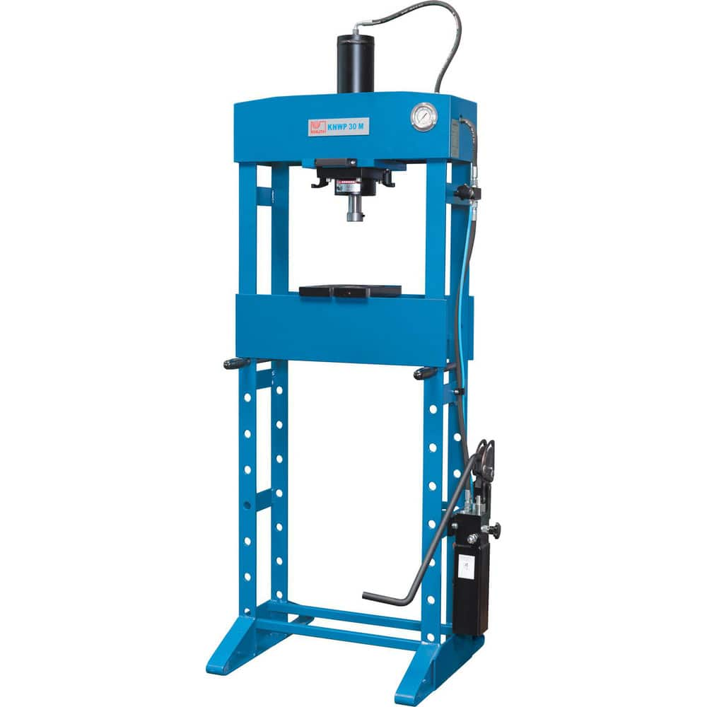 Shop Presses; Power Type: Hydraulic; Frame Type: H-Frame Movable Table; Pressure: 33; Stroke: 6.3000; Minimum Ram To Table: 6.85 in; Ram Return Operation: Release Valve; Cylinder Type: Single Acting; Hydraulic Oil Included: No; Overall Height: 81 in; Over