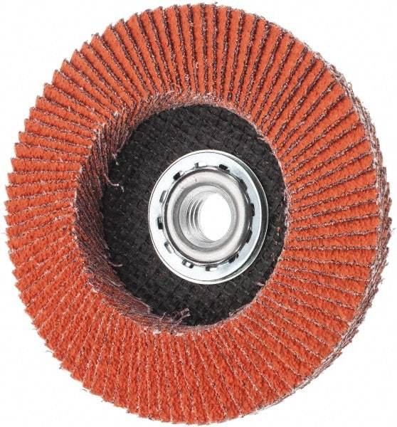 Norton - 40 Grit, 4-1/2" Disc Diam, 5/8-11 Center Hole, Type 27 Ceramic Alumina Flap Disc - 13,000 Max RPM, Cloth Backing, Arbor Attaching System, Coated - Eagle Tool & Supply