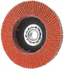 Norton - 40 Grit, 4-1/2" Disc Diam, 5/8-11 Center Hole, Type 27 Ceramic Alumina Flap Disc - 13,000 Max RPM, Cloth Backing, Arbor Attaching System, Coated - Eagle Tool & Supply