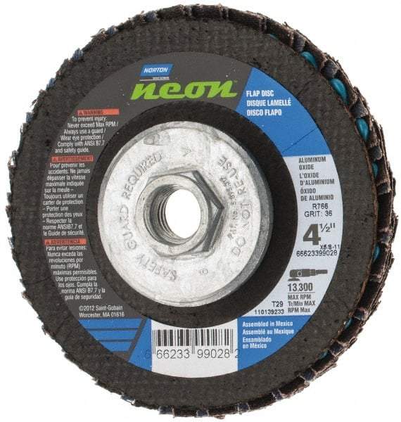 Norton - 36 Grit, 4-1/2" Disc Diam, 5/8-11 Center Hole, Type 29 Ceramic Alumina Flap Disc - 13,300 Max RPM, Polyester Backing, Arbor Attaching System, Coated - Eagle Tool & Supply