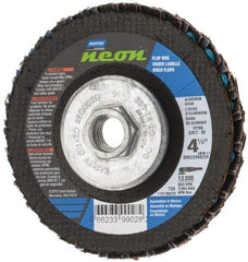 Norton - 36 Grit, 4-1/2" Disc Diam, 5/8-11 Center Hole, Type 29 Ceramic Alumina Flap Disc - 13,300 Max RPM, Polyester Backing, Arbor Attaching System, Coated - Eagle Tool & Supply