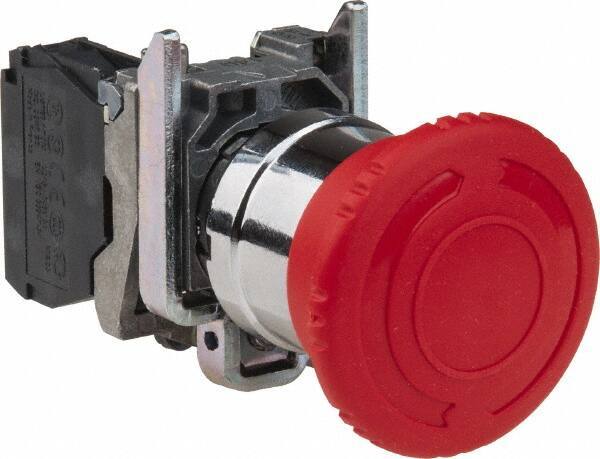 Schneider Electric - 22mm Mount Hole, Extended Mushroom Head, Pushbutton Switch Only - Round, Red Pushbutton, Illuminated, Maintained (MA), Shock and Vibration Resistant - Eagle Tool & Supply