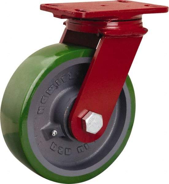 Hamilton - 8" Diam x 2-1/2" Wide x 10-1/8" OAH Top Plate Mount Swivel Caster - Polyurethane Mold onto Cast Iron Center, 2,000 Lb Capacity, Tapered Roller Bearing, 4-1/2 x 6-1/2" Plate - Eagle Tool & Supply