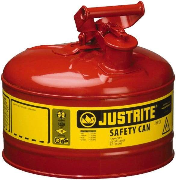 Justrite - 2.5 Gal Galvanized Steel Type I Safety Can - 11-1/2" High x 11-3/4" Diam, Red with Yellow - Eagle Tool & Supply