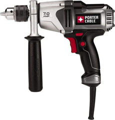 Porter-Cable - 1/2" Keyed Chuck, 800 RPM, Pistol Grip Handle Electric Drill - 7 Amps, 120 Volts, Reversible, Includes Side Handle & Chuck Key with Holder - Eagle Tool & Supply