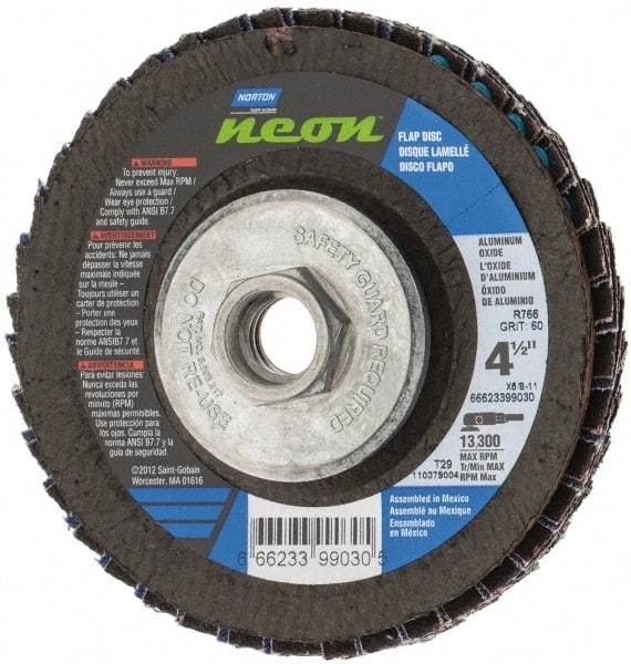 Norton - 60 Grit, 4-1/2" Disc Diam, 5/8-11 Center Hole, Type 29 Ceramic Alumina Flap Disc - 13,300 Max RPM, Polyester Backing, Arbor Attaching System, Coated - Eagle Tool & Supply