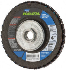 Norton - 60 Grit, 4-1/2" Disc Diam, 5/8-11 Center Hole, Type 29 Ceramic Alumina Flap Disc - 13,300 Max RPM, Polyester Backing, Arbor Attaching System, Coated - Eagle Tool & Supply