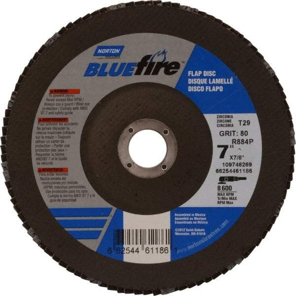 Norton - 80 Grit, 7" Disc Diam, 7/8" Center Hole, Type 29 Zirconia Alumina Flap Disc - 8,600 Max RPM, Cloth Backing, Arbor Attaching System, Coated - Eagle Tool & Supply