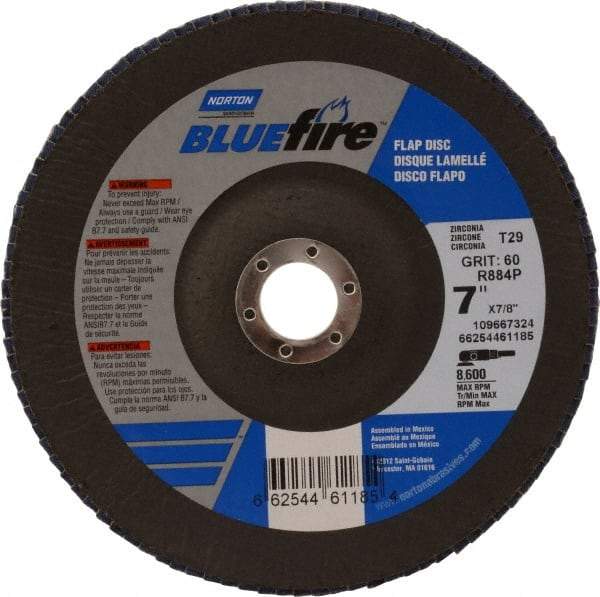 Norton - 60 Grit, 7" Disc Diam, 7/8" Center Hole, Type 29 Zirconia Alumina Flap Disc - 8,600 Max RPM, Cloth Backing, Arbor Attaching System, Coated - Eagle Tool & Supply
