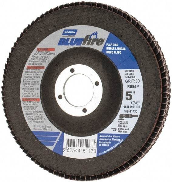 Norton - 80 Grit, 5" Disc Diam, 7/8" Center Hole, Type 29 Zirconia Alumina Flap Disc - 12,000 Max RPM, Cloth Backing, Arbor Attaching System, Coated - Eagle Tool & Supply