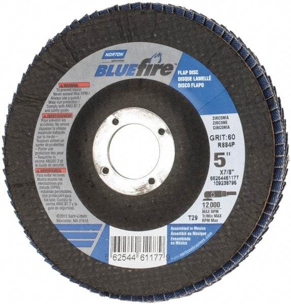 Norton - 60 Grit, 5" Disc Diam, 7/8" Center Hole, Type 29 Zirconia Alumina Flap Disc - 12,000 Max RPM, Cloth Backing, Arbor Attaching System, Coated - Eagle Tool & Supply