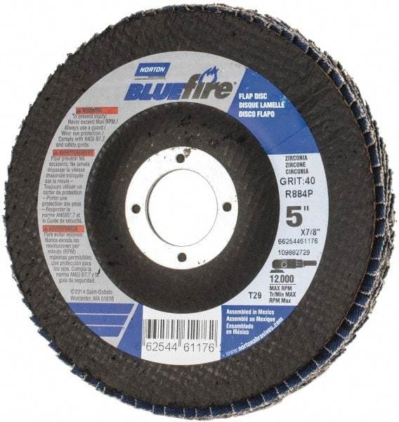 Norton - 40 Grit, 5" Disc Diam, 7/8" Center Hole, Type 29 Zirconia Alumina Flap Disc - 12,000 Max RPM, Cloth Backing, Arbor Attaching System, Coated - Eagle Tool & Supply