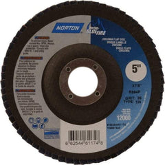 Norton - 36 Grit, 5" Disc Diam, 7/8" Center Hole, Type 29 Zirconia Alumina Flap Disc - 12,000 Max RPM, Cloth Backing, Arbor Attaching System, Coated - Eagle Tool & Supply