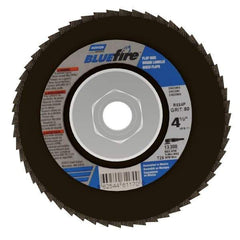 Norton - 80 Grit, 4-1/2" Disc Diam, 5/8-11 Center Hole, Type 29 Zirconia Alumina Flap Disc - 13,300 Max RPM, Cloth Backing, Arbor Attaching System, Coated - Eagle Tool & Supply