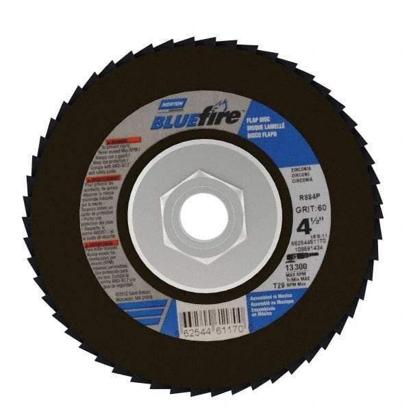 Norton - 60 Grit, 4-1/2" Disc Diam, 5/8-11 Center Hole, Type 29 Zirconia Alumina Flap Disc - 13,300 Max RPM, Cloth Backing, Arbor Attaching System, Coated - Eagle Tool & Supply