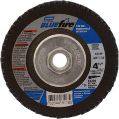 Norton - 36 Grit, 4-1/2" Disc Diam, 5/8-11 Center Hole, Type 29 Zirconia Alumina Flap Disc - 13,300 Max RPM, Cloth Backing, Arbor Attaching System, Coated - Eagle Tool & Supply