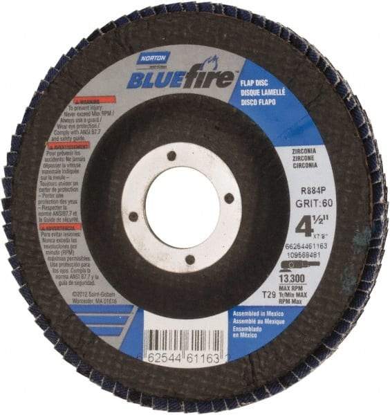 Norton - 60 Grit, 4-1/2" Disc Diam, 7/8" Center Hole, Type 29 Zirconia Alumina Flap Disc - 13,300 Max RPM, Cloth Backing, Arbor Attaching System, Coated - Eagle Tool & Supply