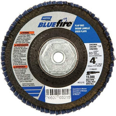 Norton - 60 Grit, 4" Disc Diam, 5/8-11 Center Hole, Type 29 Zirconia Alumina Flap Disc - 15,300 Max RPM, Cloth Backing, Arbor Attaching System, Coated - Eagle Tool & Supply