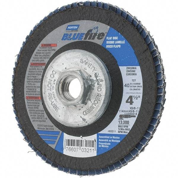 Norton - 40 Grit, 4-1/2" Disc Diam, 5/8-11 Center Hole, Type 29 Zirconia Alumina Flap Disc - 13,300 Max RPM, Cloth Backing, Arbor Attaching System, Coated - Eagle Tool & Supply