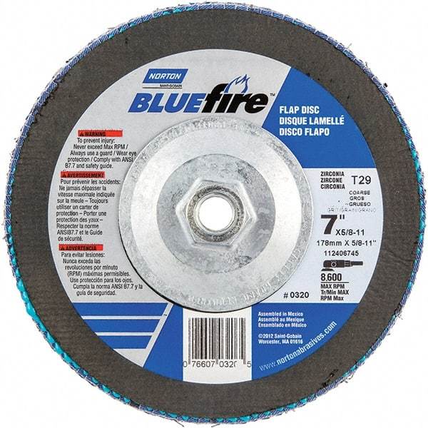 Norton - 40 Grit, 7" Disc Diam, 5/8-11 Center Hole, Type 29 Zirconia Alumina Flap Disc - 8,600 Max RPM, Cloth Backing, Arbor Attaching System, Coated - Eagle Tool & Supply