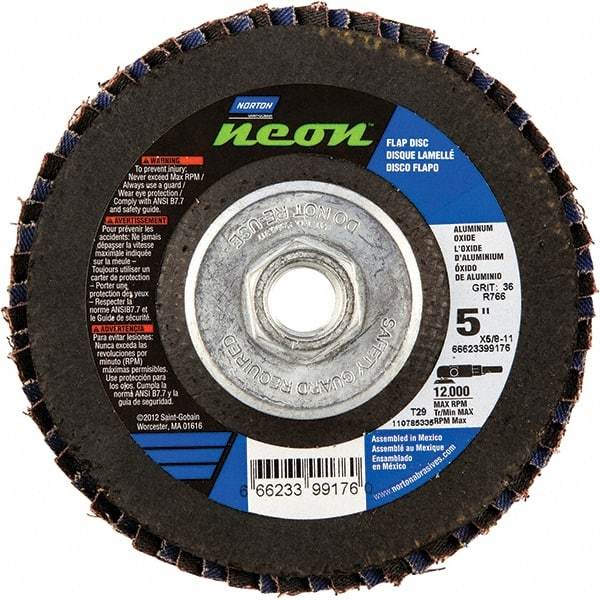 Norton - 80 Grit, 5" Disc Diam, 5/8-11 Center Hole, Type 29 Ceramic Alumina Flap Disc - 12,000 Max RPM, Polyester Backing, Arbor Attaching System, Coated - Eagle Tool & Supply